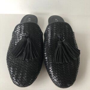 ARTELIERS Woven Leather Mules Tassles, Black, .5" heel comfort EU 38/ US 7.5 / 8